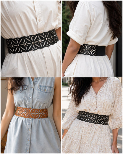 Leather Cutwork Reversible Bold Wide Waist Belt with Rivets - Black and Camel