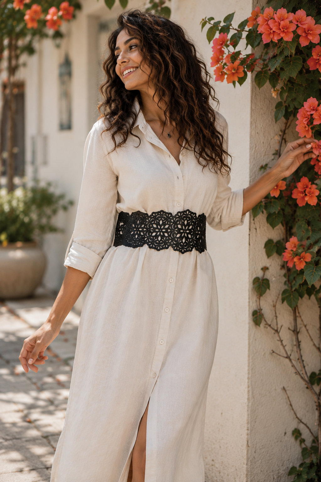 Leather Delicate Cutwork Reversible Wide Waist Belt - Black and Camel