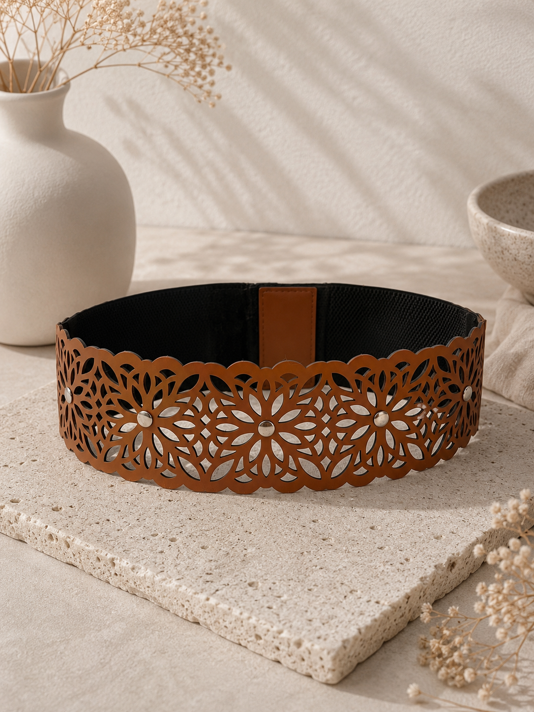 Leather Floral Cutwork Reversible Wide Waist Belt with Rivets - Black and Camel