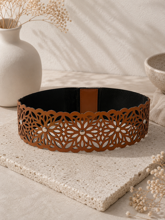 Leather Floral Cutwork Reversible Wide Waist Belt with Rivets - Black and Camel