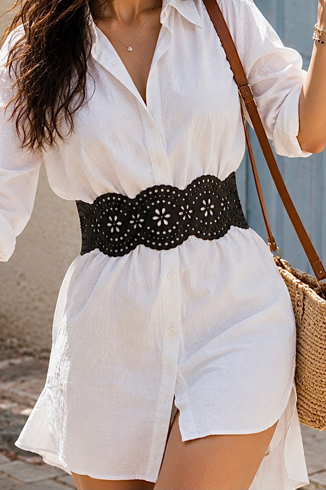 Leather Cutwork Reversible Fun Wide Waist Belt - Black and Camel