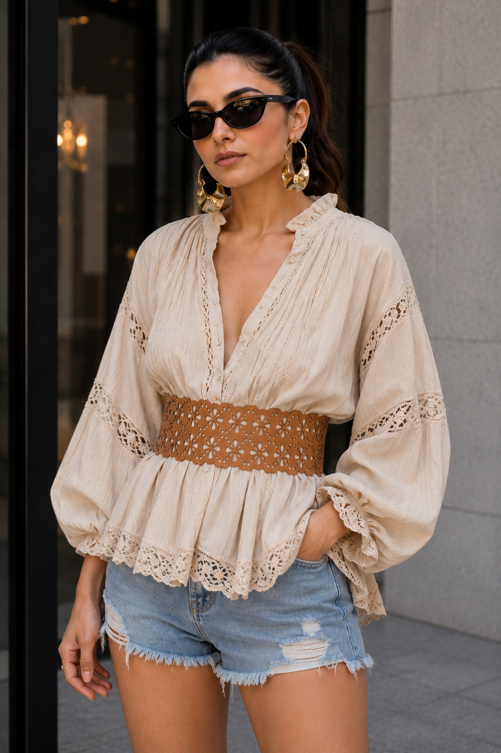 Leather Floral Cutwork Reversible Wide Waist Belt - Black and Camel